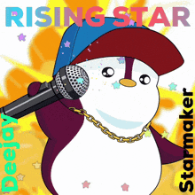 a penguin is holding a microphone with the words " rising star " behind him