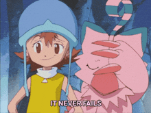 a cartoon of a girl standing next to a pink monster that says " it never fails "