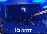 a man is dancing in front of a microphone with the word rawrrr written on the bottom