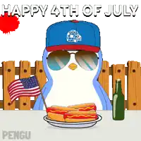 a penguin wearing a hat and sunglasses is sitting at a table eating hot dogs