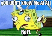 spongebob squarepants is making a funny face and saying `` you don 't know me at all rofl '' .