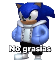 a cartoon of sonic the hedgehog wearing a blue jacket with the words " no grasias " written on it