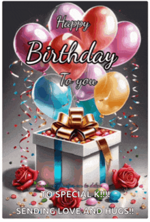 a birthday card with balloons and a gift box that says happy birthday to you