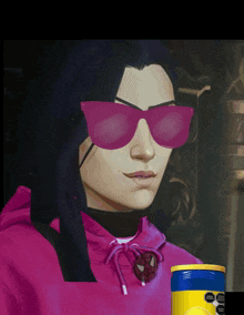 a woman wearing pink sunglasses and a pink hoodie with a spider man necklace