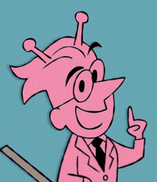 a pink cartoon character is wearing glasses and a suit
