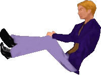 a man in a purple jacket and purple pants is sitting down