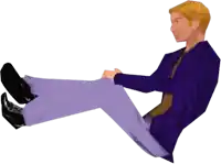 a man in a purple jacket and purple pants is sitting down