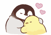penguin penguin hug hug cuddle