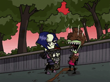 a cartoon drawing of a girl with purple hair and a basketball hoop