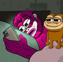 a cartoon of a pink gorilla looking at a cell phone