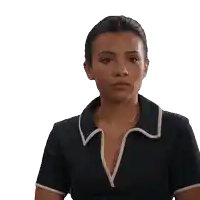 a woman is wearing a black shirt with white trim and a necklace