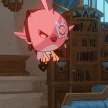 a pink cartoon character with an eye patch that says ' x ' on it