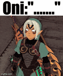 a picture of a cartoon character with the words " oni " above him