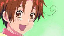 a close up of a red haired anime character with a green background .