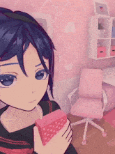 a girl with blue hair is holding a pink box