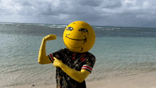 a person with a yellow smiley face on their head flexing their arm