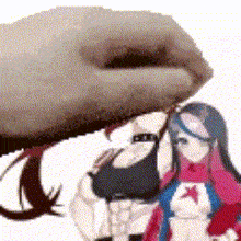 a hand is holding a cartoon character over a cartoon character .
