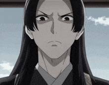 a black and white drawing of a man with long hair making an angry face