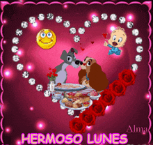 a picture of lady and the tramp and a baby with the words hermoso lunes