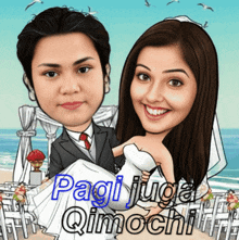 a cartoon of a bride and groom with the words pagi juga qimochi on the bottom
