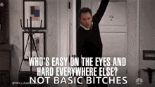 a man is standing in front of a door with his arms in the air and a quote .