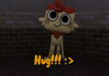 a close up of a cartoon character 's face with the word hug written in yellow .