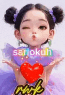a little girl is blowing a kiss while holding a red heart in her hands .