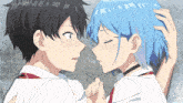 a boy and a girl are touching each other 's faces in a cartoon