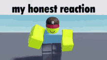 a roblox character wearing a hat with the letter r on it .