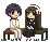 a boy and a girl are sitting on a bench in a pixel art .