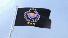 a black flag with a laurel wreath and three stars