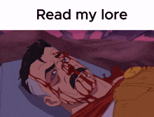 a cartoon of a man with blood on his face and the words read my lore on the bottom