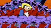 a cartoon of a girl sitting on a couch surrounded by purple monsters