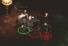 a pixelated image of a video game with skeletons and a red cross