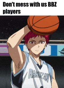a basketball player in a rakuzan jersey holds a basketball above his head