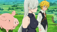 a couple of anime characters standing next to each other and a pig