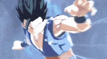 a close up of a cartoon character in a blue shirt flying through the air .