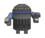 a pixel art drawing of a robot with a blue stripe on it 's chest .