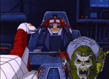 a cartoon of a robot sitting in a chair next to a skull