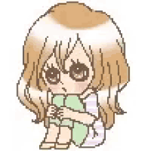a pixel art drawing of a girl sitting down holding a book .