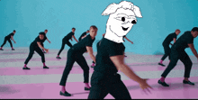 a group of men in black shirts and pants are dancing with a white cartoon character in the background