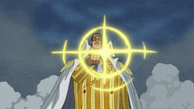 a man in a yellow and white striped suit has a target in front of him