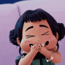 a cartoon girl covering her mouth with her hands while smiling