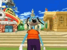 a cartoon character is standing in front of a fire station .