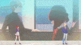 a couple of anime characters standing next to each other in front of a window