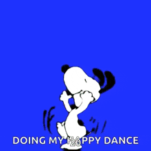 a cartoon of snoopy jumping in the air with the words doing my happy dance below him