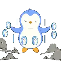 a blue and white penguin is standing in the middle of a cloudy area