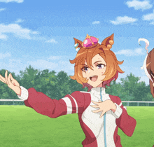 a girl with a crown on her head is standing in a field