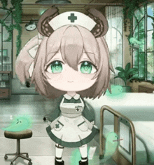 a cute nurse with horns is standing in a hospital room next to a bed .
