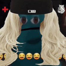 a woman with blonde hair wearing a black hat with a mlb logo on it